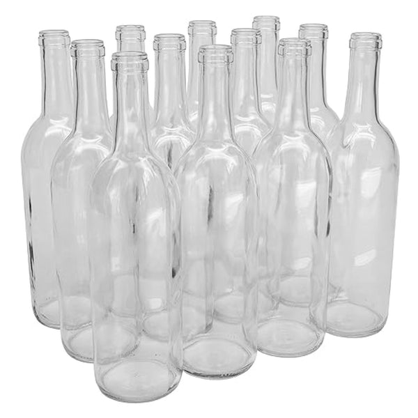 Clear 750mL Wine Bottles, Bordeaux Wine Bottles, Empty Bottles for Drinks, Case of 12
