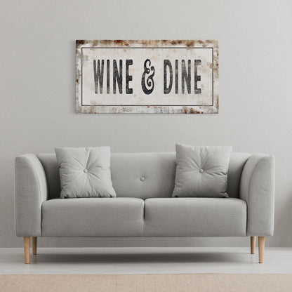 Wine And Dine Printed Canvas Rusty Sign Distressed Wall Art Cute Sign Wood Frame Wood And Canvas Sign Funny Kitchen Sign