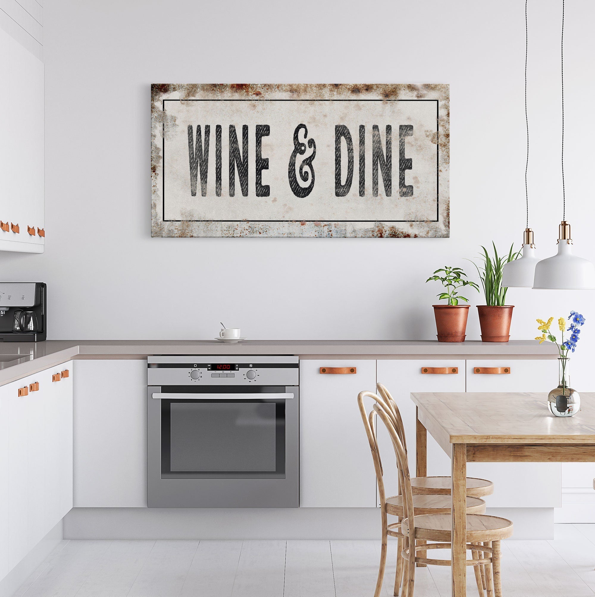 Wine And Dine Printed Canvas Rusty Sign Distressed Wall Art Cute Sign Wood Frame Wood And Canvas Sign Funny Kitchen Sign