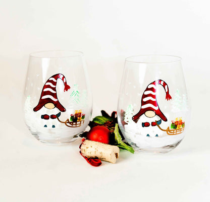 Painted Christmas Gnome Stemless Wine Glasses