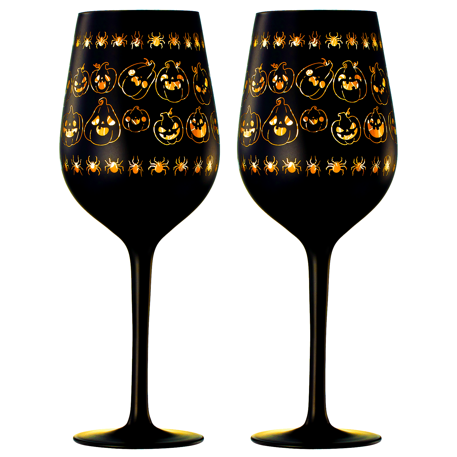 Crystal Halloween Stemmed Wine Glasses Set Of 2 Themed Vibrant Black Gold Etched Spooky Ghost Patter