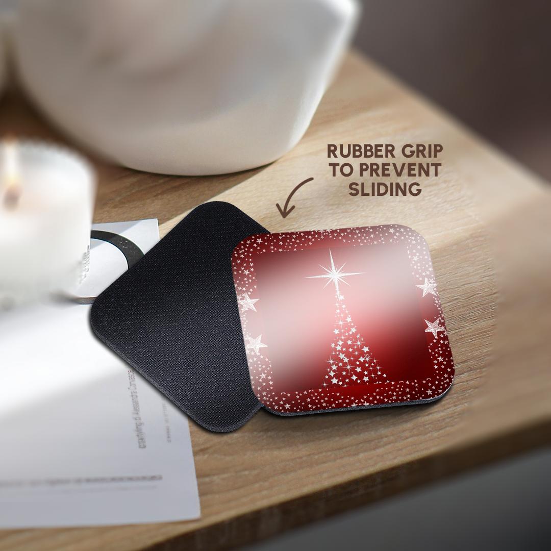 3dRose Doreen Erhardt Christmas Collection - Silver Star Christmas Tree with Holiday Red Background - Coasters (cst_164753)