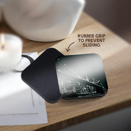 3dRose Kike Calvo Travel - New York scene of the Brooklyn Bridge and Manhattan Skyline at night - Coasters (cst_219800)