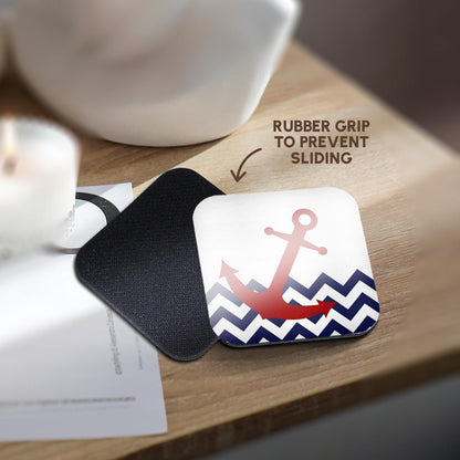 3dRose Janna Salak Designs Nautical - Red Nautical Boat Anchor on Chevron Pattern - Coasters (cst_165791)