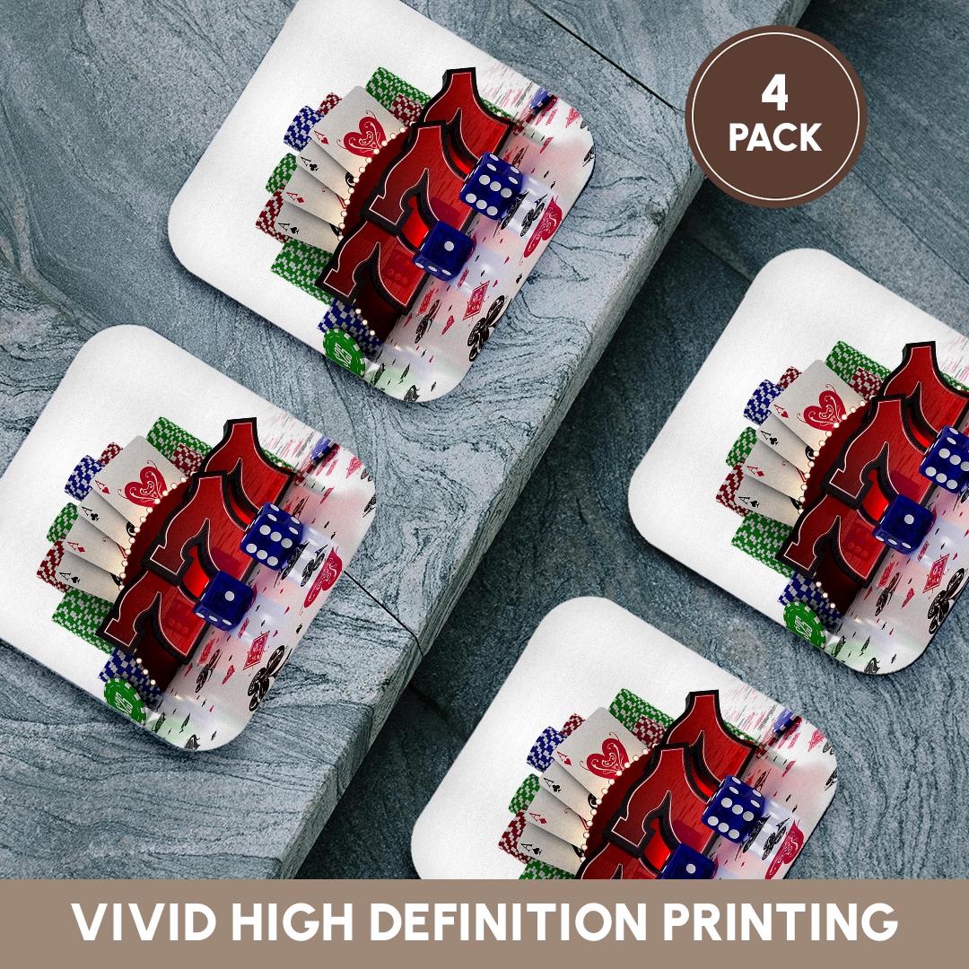 3dRose Carsten Reisinger Illustrations - Casino concept with poker cards chips dice and slot style sevens - Coasters (cst_155012)