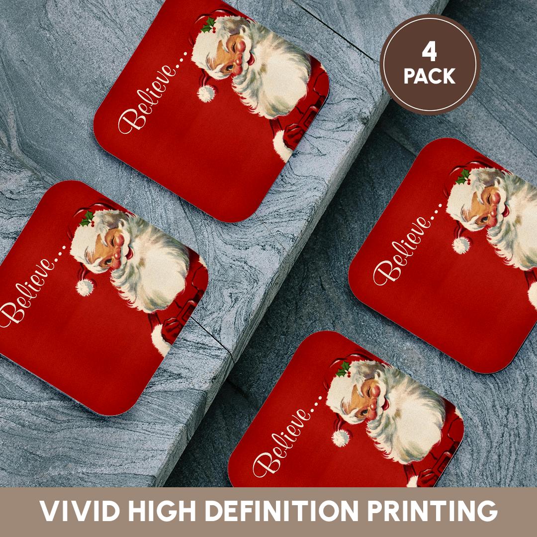 3dRose Russ Billington Christmas Designs - Believe-Jolly Vintage Santa Illustration on Red Background - Coasters (cst_219375)