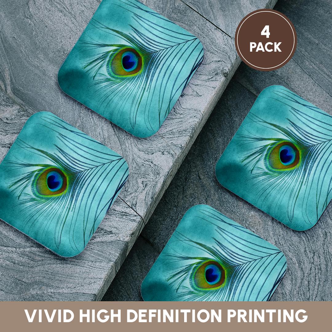 3dRose Doreen Erhardt Birds - Peacock Feather on Turquoise Background - Coasters (cst_211236)