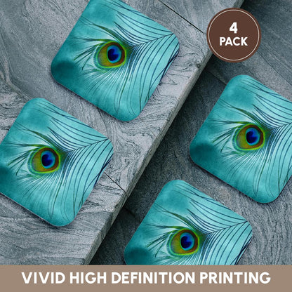 3dRose Doreen Erhardt Birds - Peacock Feather on Turquoise Background - Coasters (cst_211236)