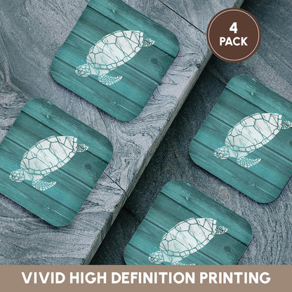 3dRose Russ Billington Nautical Designs - Turtle Stencil in White over Teal Weatherboard- not real wood - Coasters (cst_220428)