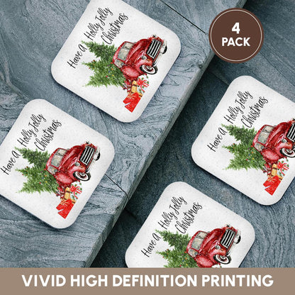 3dRose Anne Marie Baugh - Christmas - Have A Holly Jolly Christmas Red Truck with Christmas Trees - Coasters (CST_263636)