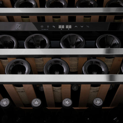 ZLINE 24" Autograph Edition Dual Zone 44-Bottle Wine Cooler in Stainless Steel with Wood Shelf and Gold Accents RWVZ-UD-24-G