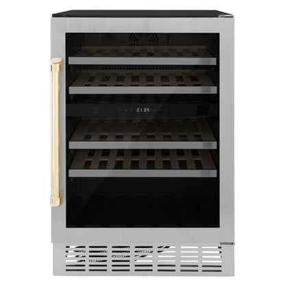 ZLINE 24" Autograph Edition Dual Zone 44-Bottle Wine Cooler in Stainless Steel with Wood Shelf and Gold Accents RWVZ-UD-24-G