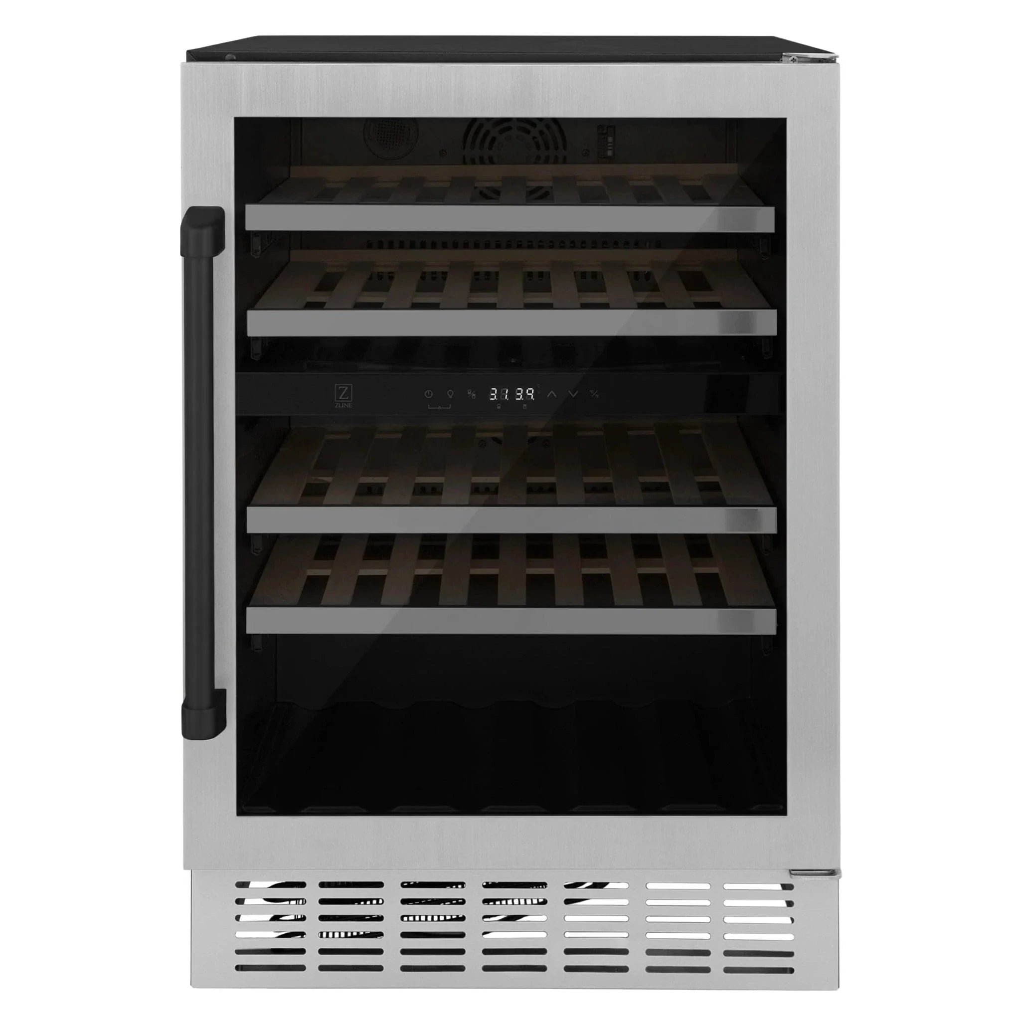ZLINE 24" Autograph Edition Dual Zone 44-Bottle Wine Cooler in Stainless Steel with Wood Shelf and Matte Black Accents RWVZ-UD-24-MB