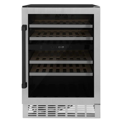 ZLINE 24" Autograph Edition Dual Zone 44-Bottle Wine Cooler in Stainless Steel with Wood Shelf and Matte Black Accents RWVZ-UD-24-MB