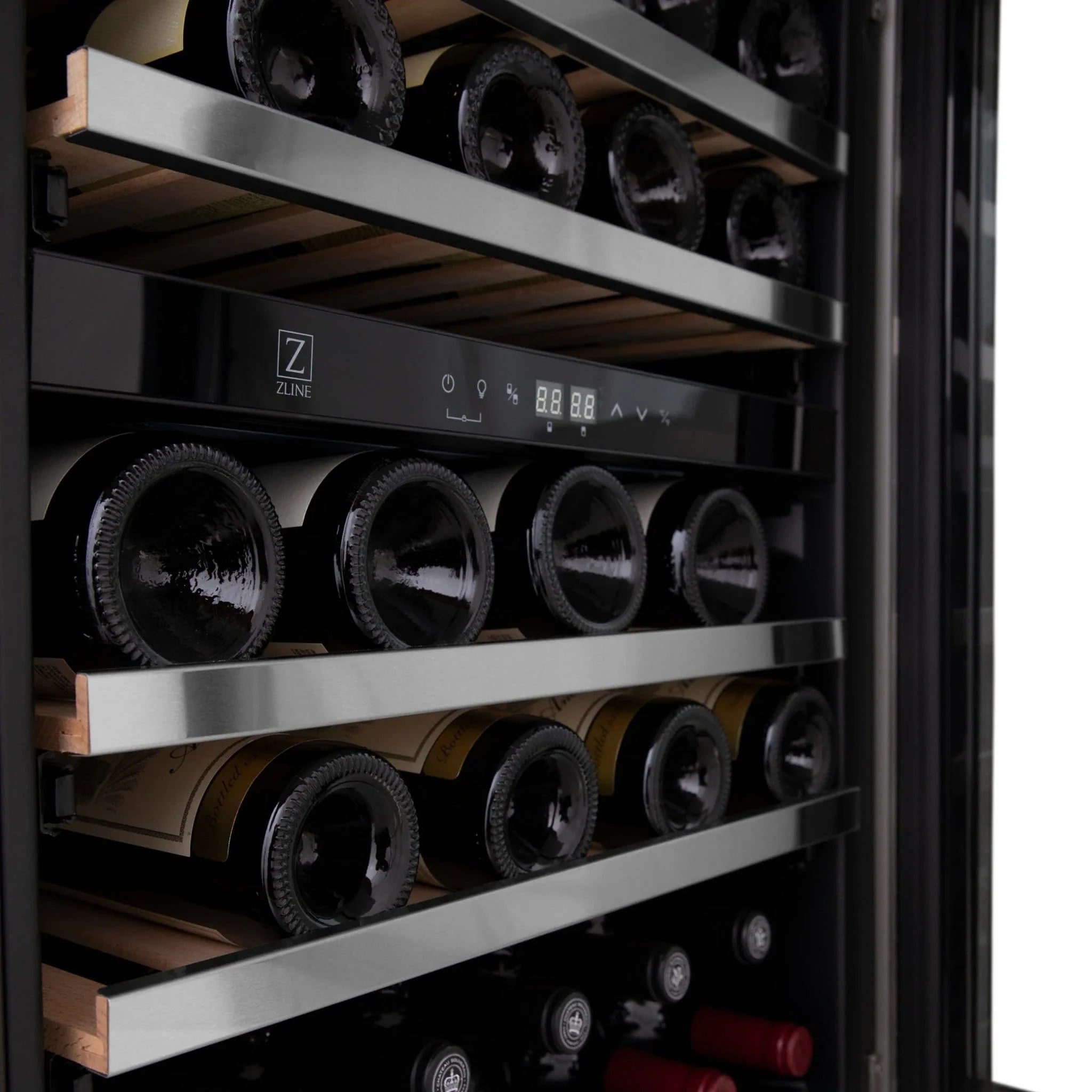 ZLINE 24" Autograph Edition Dual Zone 44-Bottle Wine Cooler in Stainless Steel with Wood Shelf and Matte Black Accents RWVZ-UD-24-MB