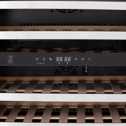 ZLINE 24" Autograph Edition Dual Zone 44-Bottle Wine Cooler in Stainless Steel with Wood Shelf and Matte Black Accents RWVZ-UD-24-MB