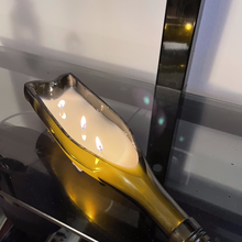 Load image into Gallery viewer, Brown, horizontally cut wine bottle burning candle wax 
